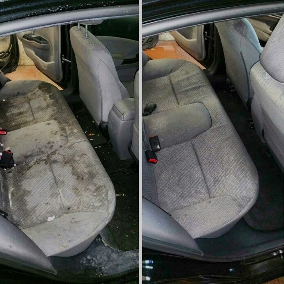 Before and after comparison of a cleaned car's back seat.